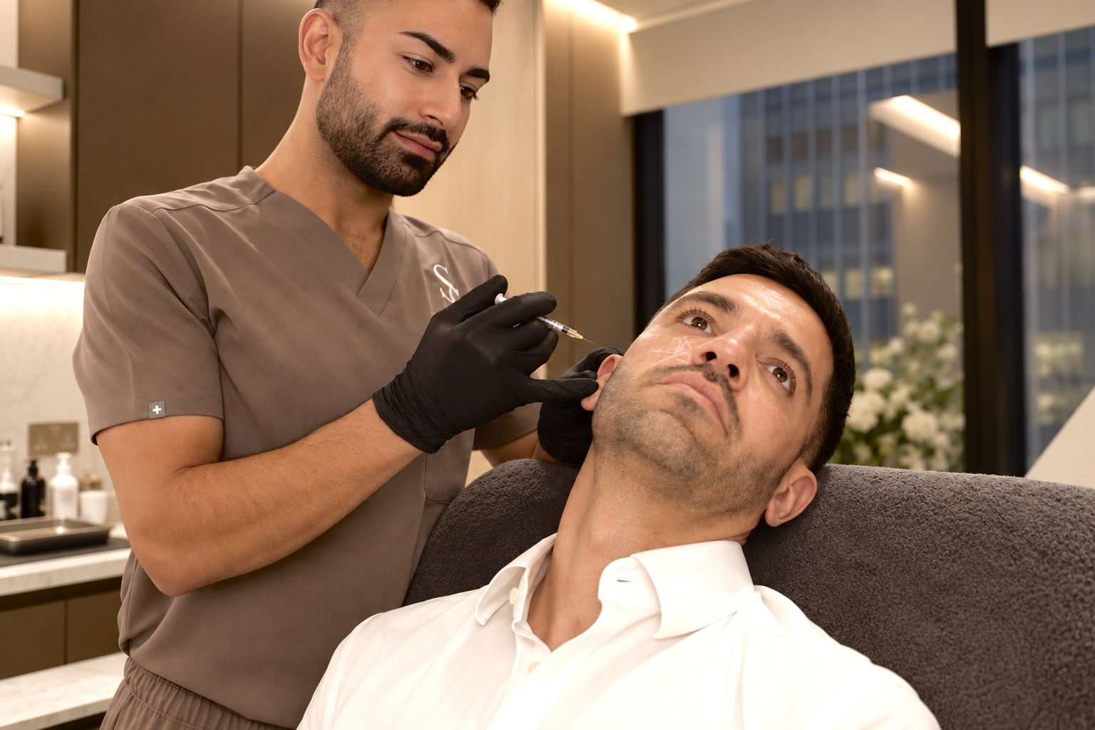 Dr Sana treating male patient at The Sana Clinic Canary Wharf
