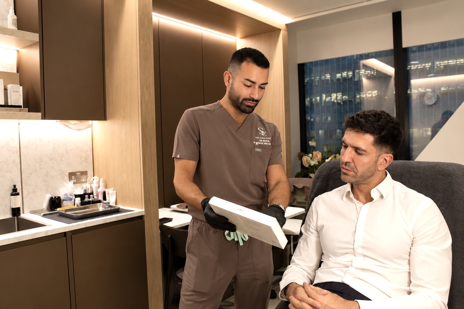 Dr Sana discussing products and having consultation with male patient at The Sana Clinic in Canary Wharf